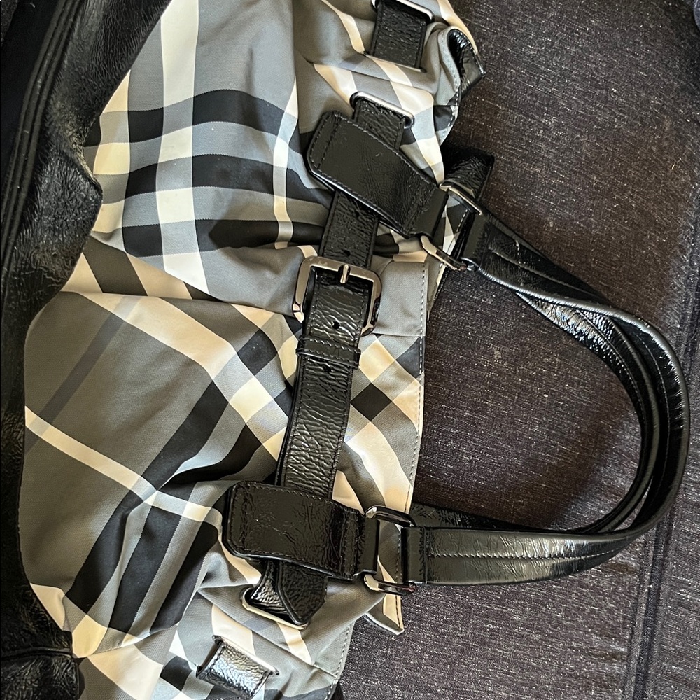 Black & Gray  Burberry Plaid Tote Bag with Buckle Detail